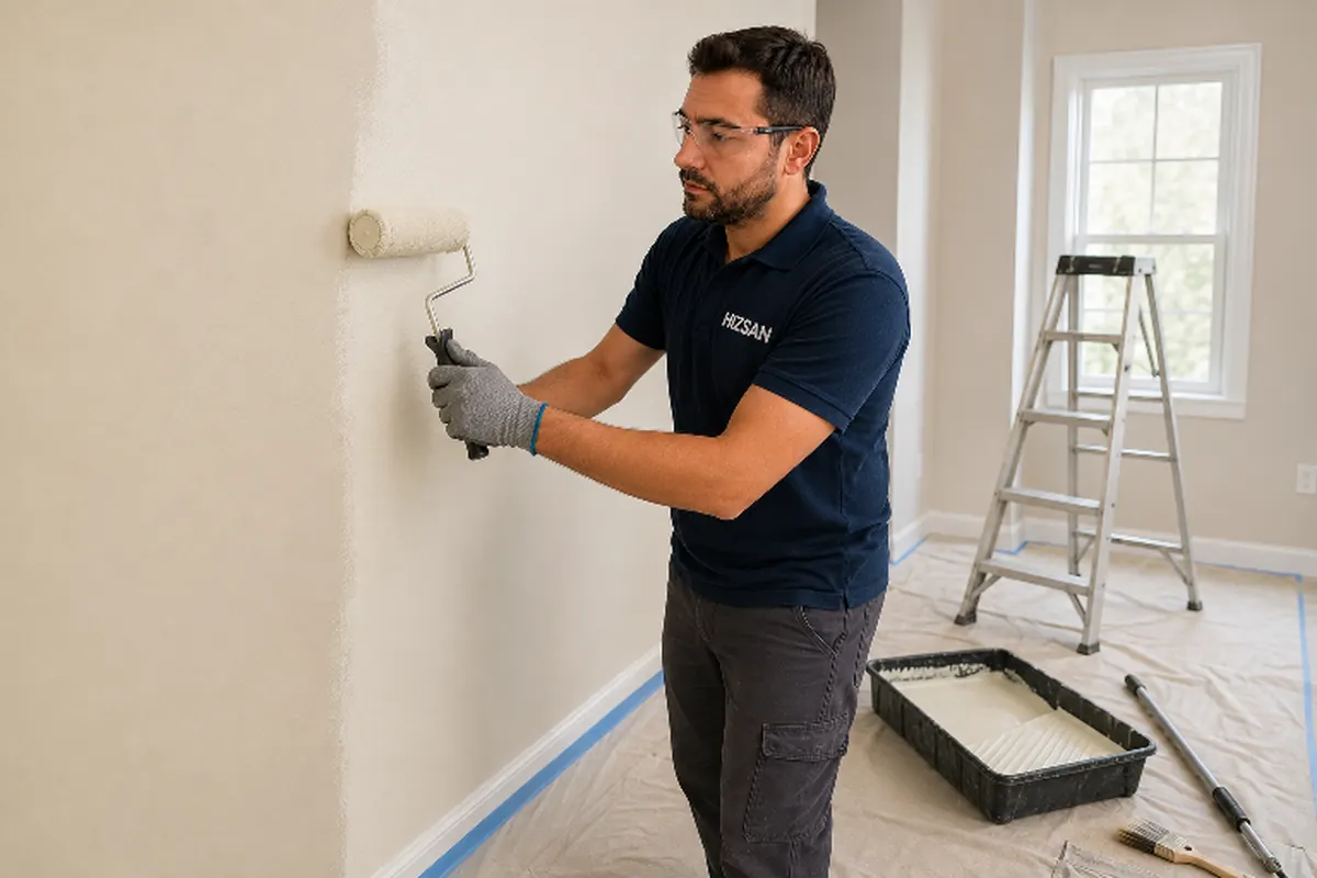 Painter rolling fresh paint onto an interior wall