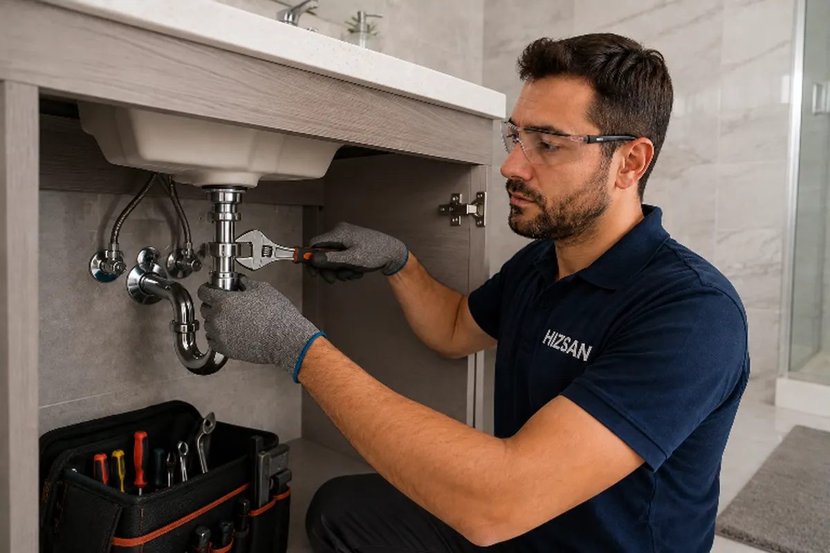 Technician tightening a sink trap under a bathroom vanity