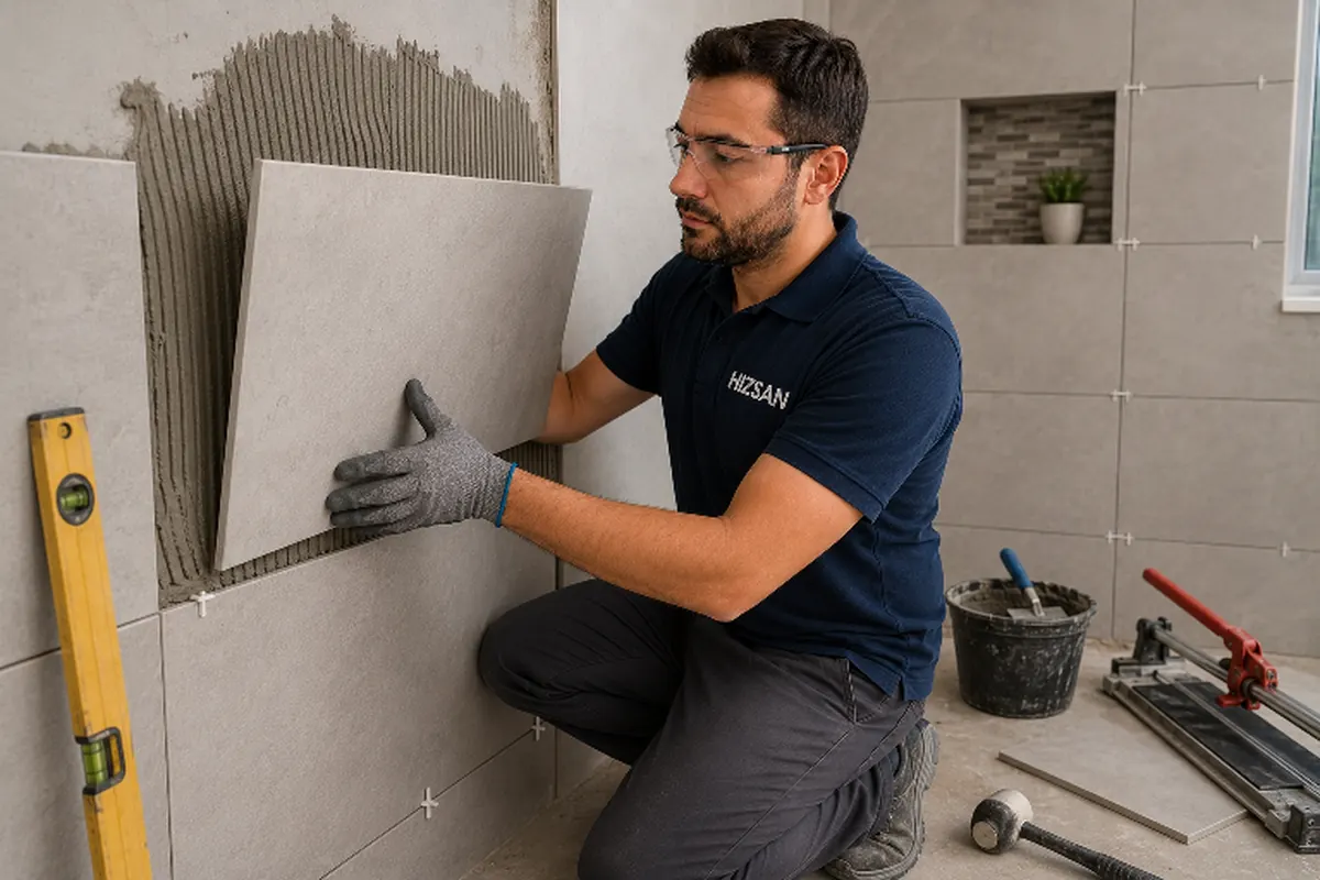 Tiler setting a large-format tile onto a prepared wall